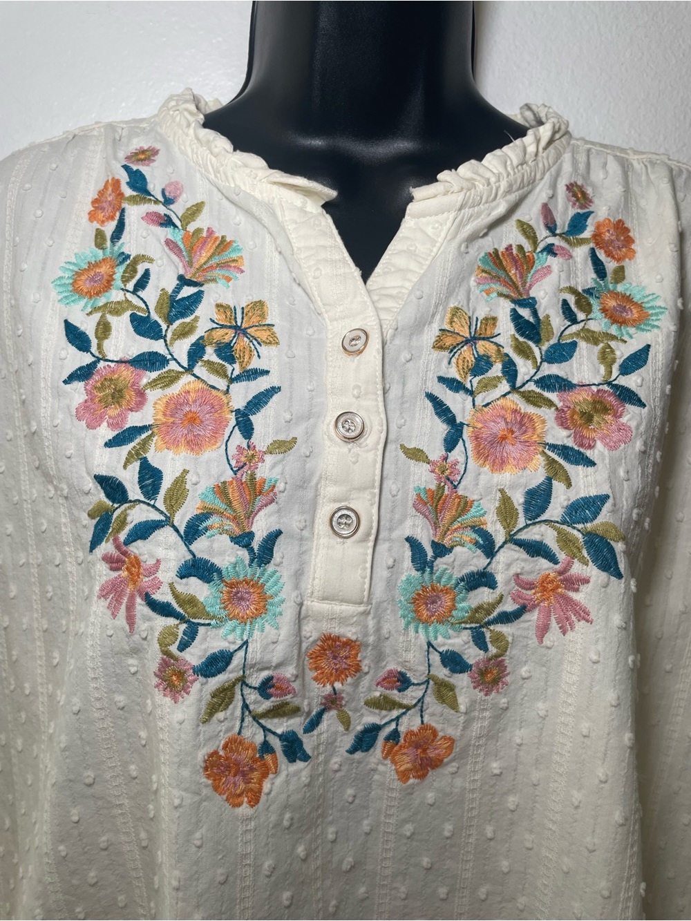 Women’s L Ivory Floral Embroidered Cotton Blouse Boho Ruffle Tunic Top - Picture 4 of 8
